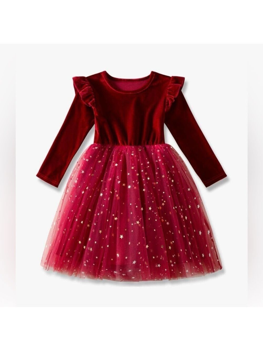 NNJXD Princess Girl Long Sleeve Red Velvet Gold Star Tulle Party Dress - Picture 2 of 15
